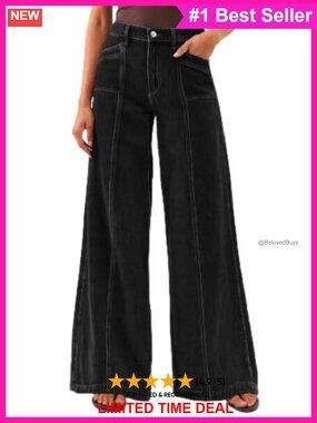 High Rise Wide Leg Stretch Denim Jeans Seam Front Pockets